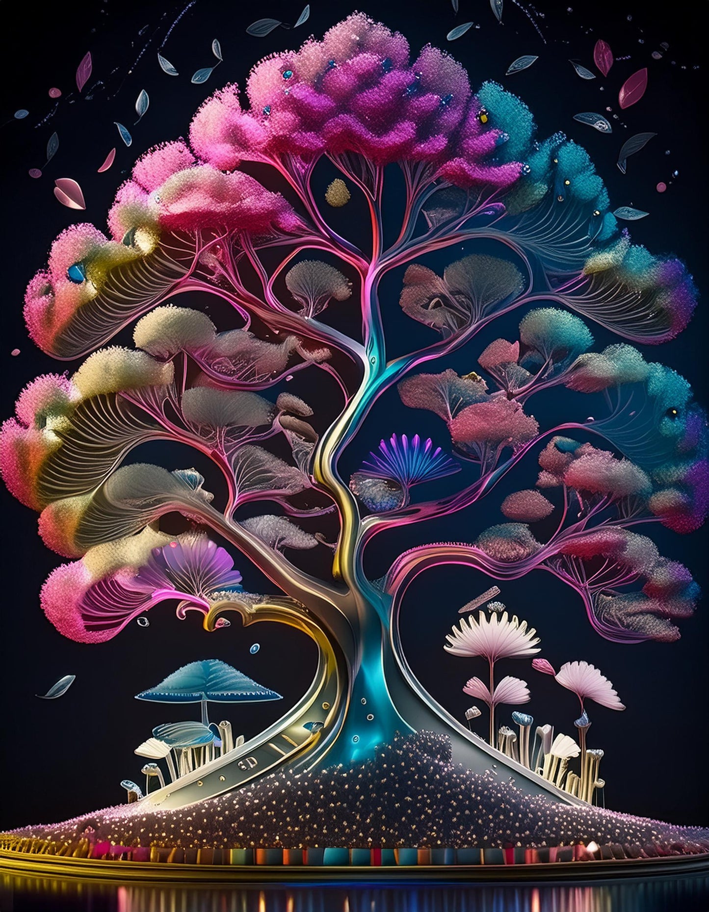 3D Cherry Blossom Tree Futuristic Chromatic Waves Wall Mural | Artistic Decor Wallpaper - Dhalfashionistt