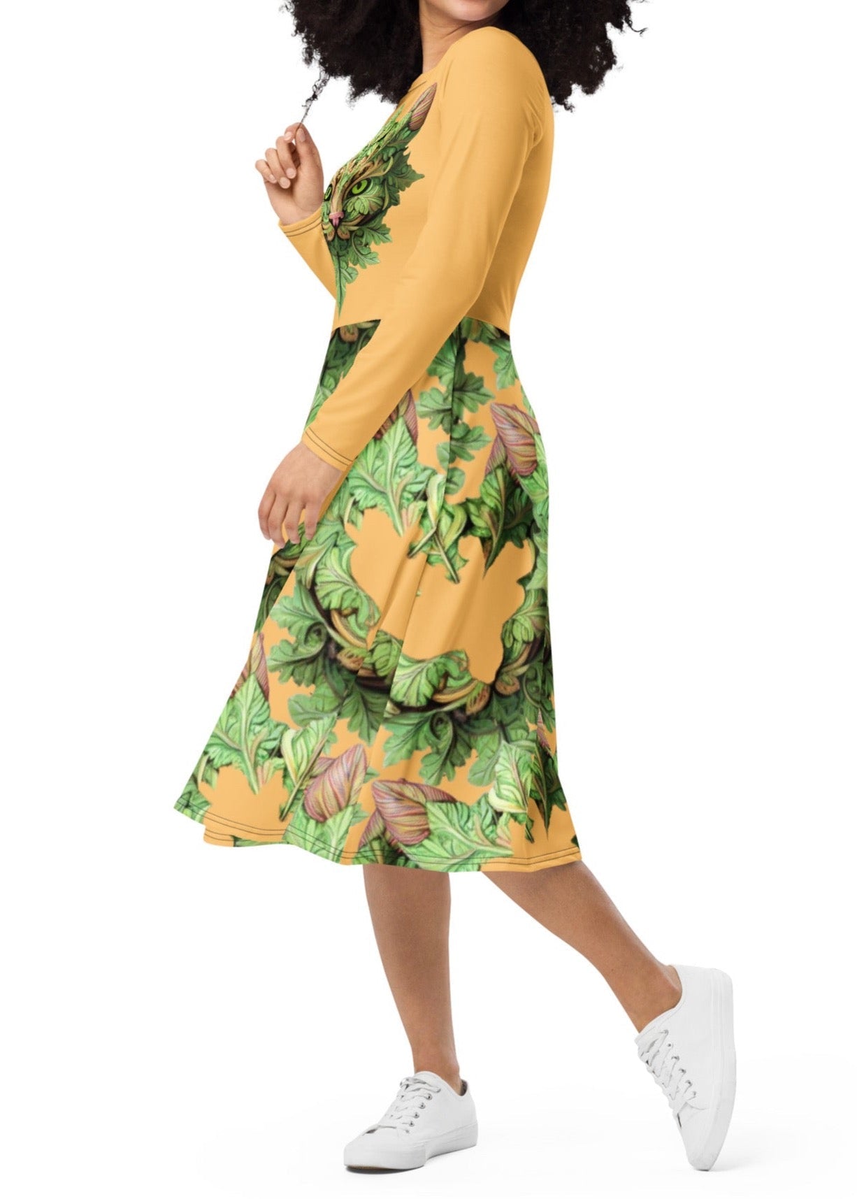 Abstract Psychedelic Ornate Decorative green Cat long sleeve midi dress | Oversized Dress - Dhalfashionistt