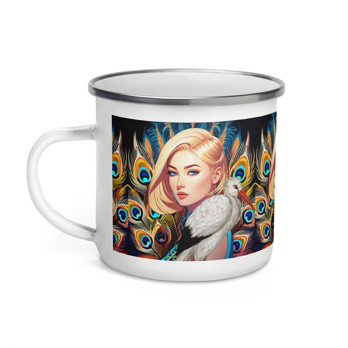 Amazing White Stork Camp Mug | Vibrant Peacock Feather | Alphonse Mucha Design | Home & Office - Dhalfashionistt