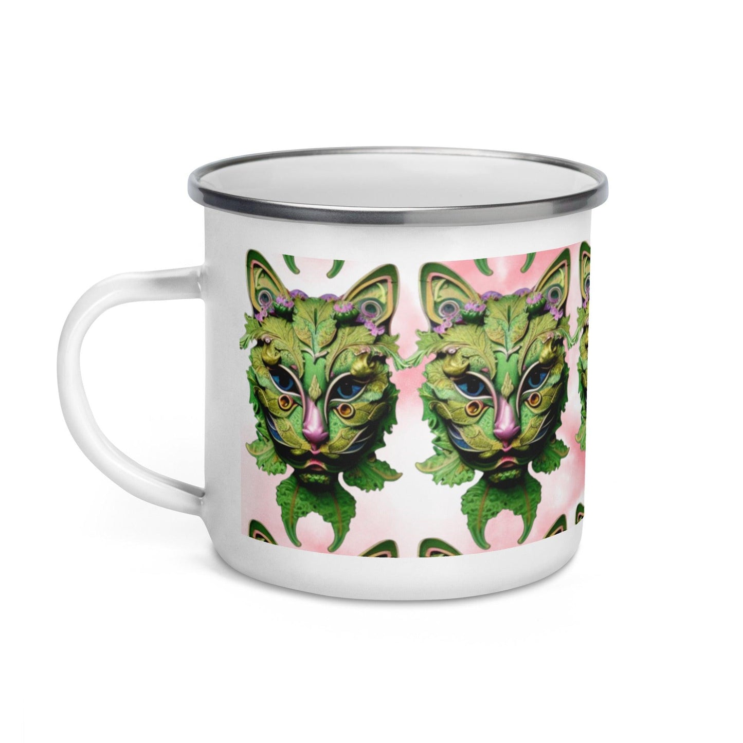 Dhalfashionistt Beautiful Detailed Decorative Green Cat Enamel | Mug unique Camper Mug | Home & Office Accesories Bag attachment mug Beverage mug Camper mug Camping mug Camping trip essentials Durable mug Durable Outdoor Mug Enamel mug Green cat mug Hiking essentials Hiking mug Home accessories Hot meal mug Lightweight mug Multifunctional mug Office accessories Online store Shopify USA. unique gift Unique mug Unique Novelty Gift Free Text