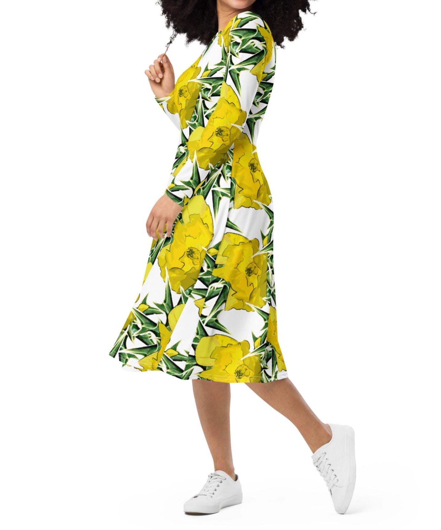 Bold yellow flowers photography Long sleeve Midi Dress | Nature Inspired - Dhalfashionistt