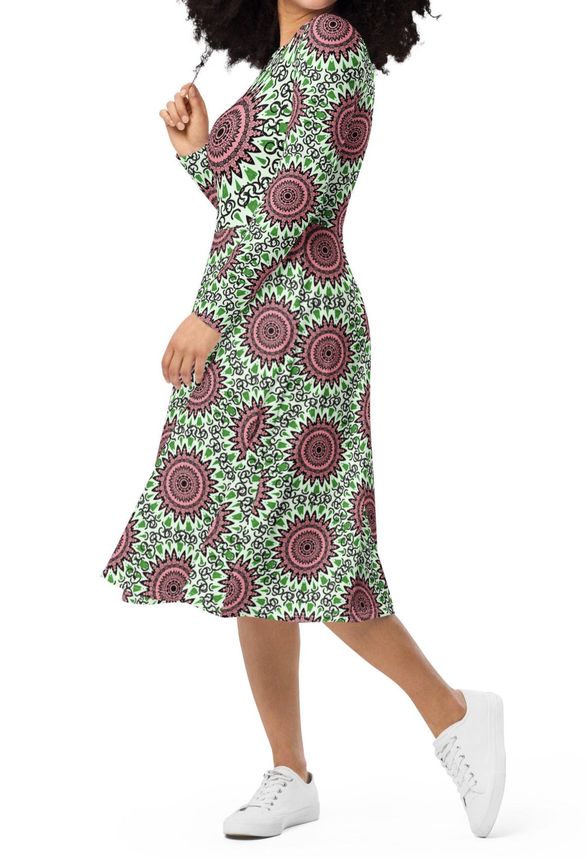 Colorful Mandala Flowers Inspired Nature Long sleeve Midi Dress | Oversized Dress - Dhalfashionistt