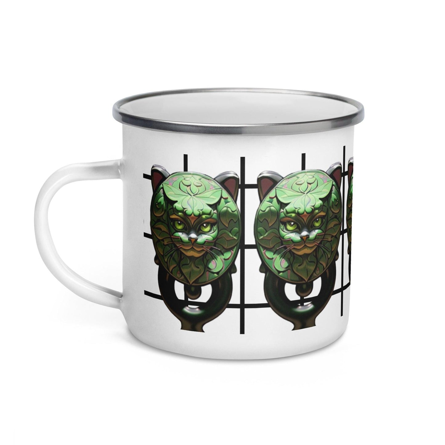 Dhalfashionistt Incredibly Ornate Decorative Green Cat Enamel | Mug unique Camper Mug | Home & Office Accesories Bag attachment mug Beverage mug Camper mug Camping mug Camping trip essentials Durable mug Durable Outdoor Mug Enamel mug Green mug Hiking mug Home accessories Hot meal mug Lightweight mug Multifunctional mug Office accessories Online store Shopify USA. unique gift Unique mug Unique Novelty Gift Free Text