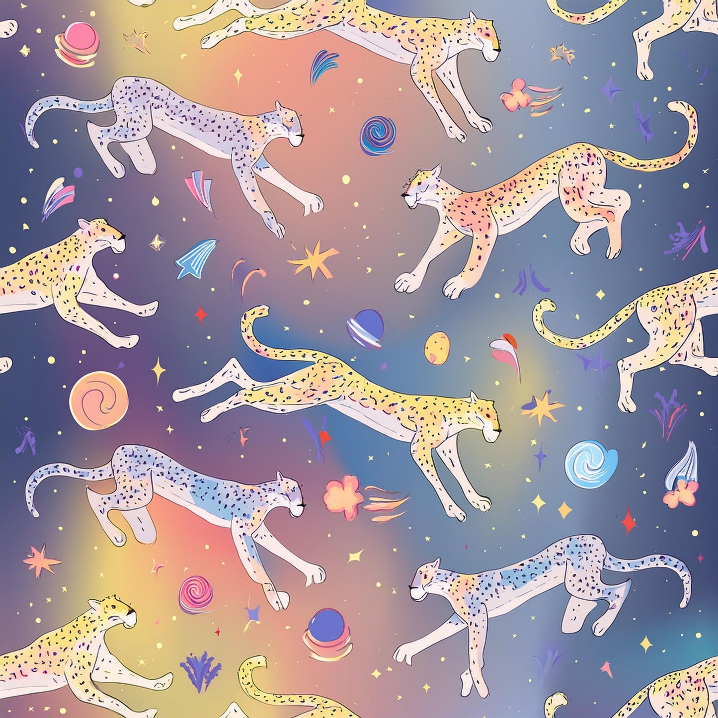 Pattern Cheetahs Hyperrealistic Running In Galaxy Wall Mural | Wildlife Decor Wallpaper - Dhalfashionistt