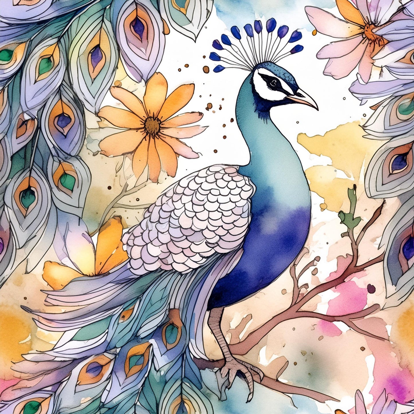 Peacock Art Work Watercolor Wall Mural | Interior Design Wallpaper - Dhalfashionistt