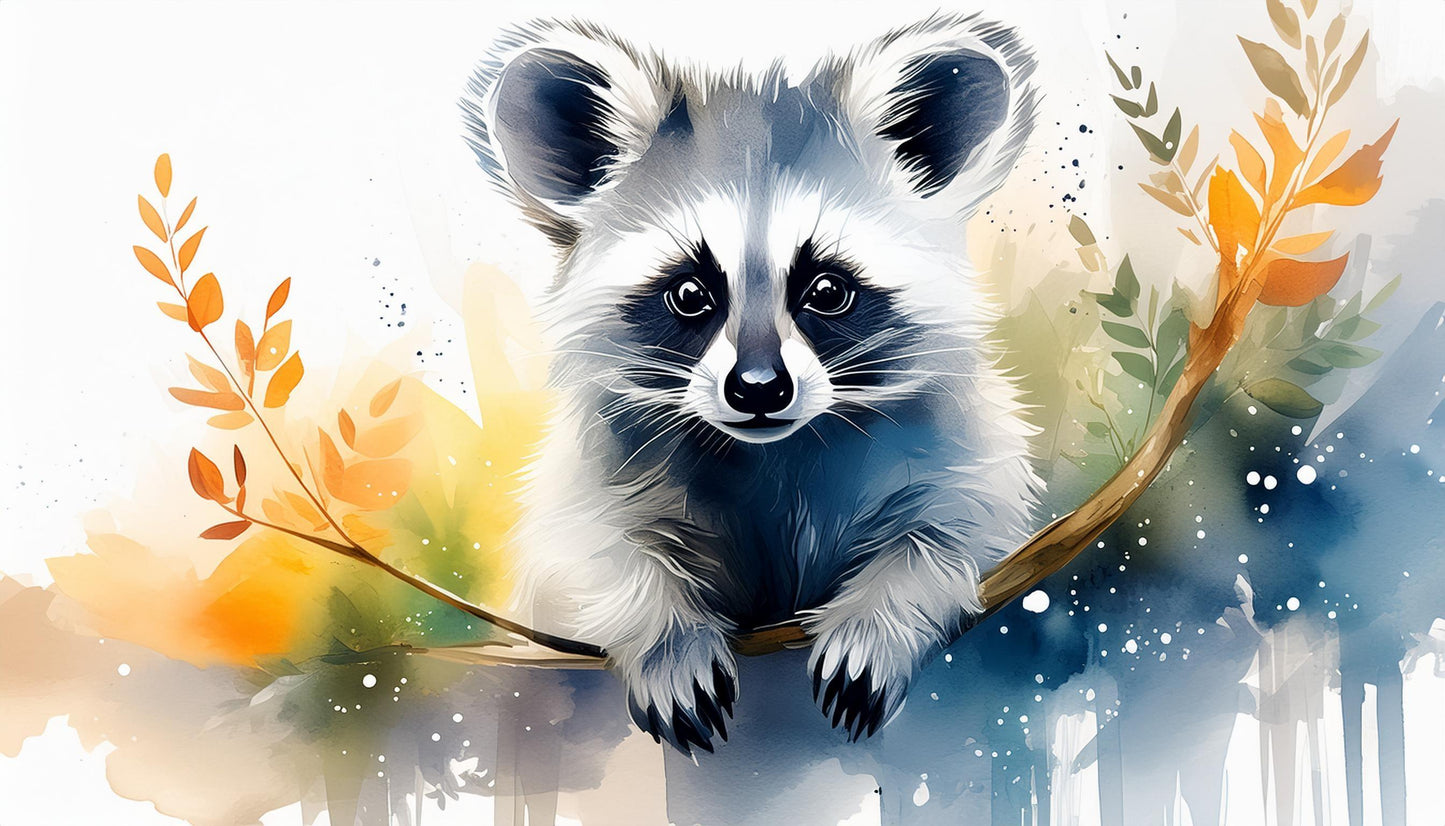 Raccoons Watercolor Art Paper Wall Mural | Wildlife Wallpaper - Dhalfashionistt