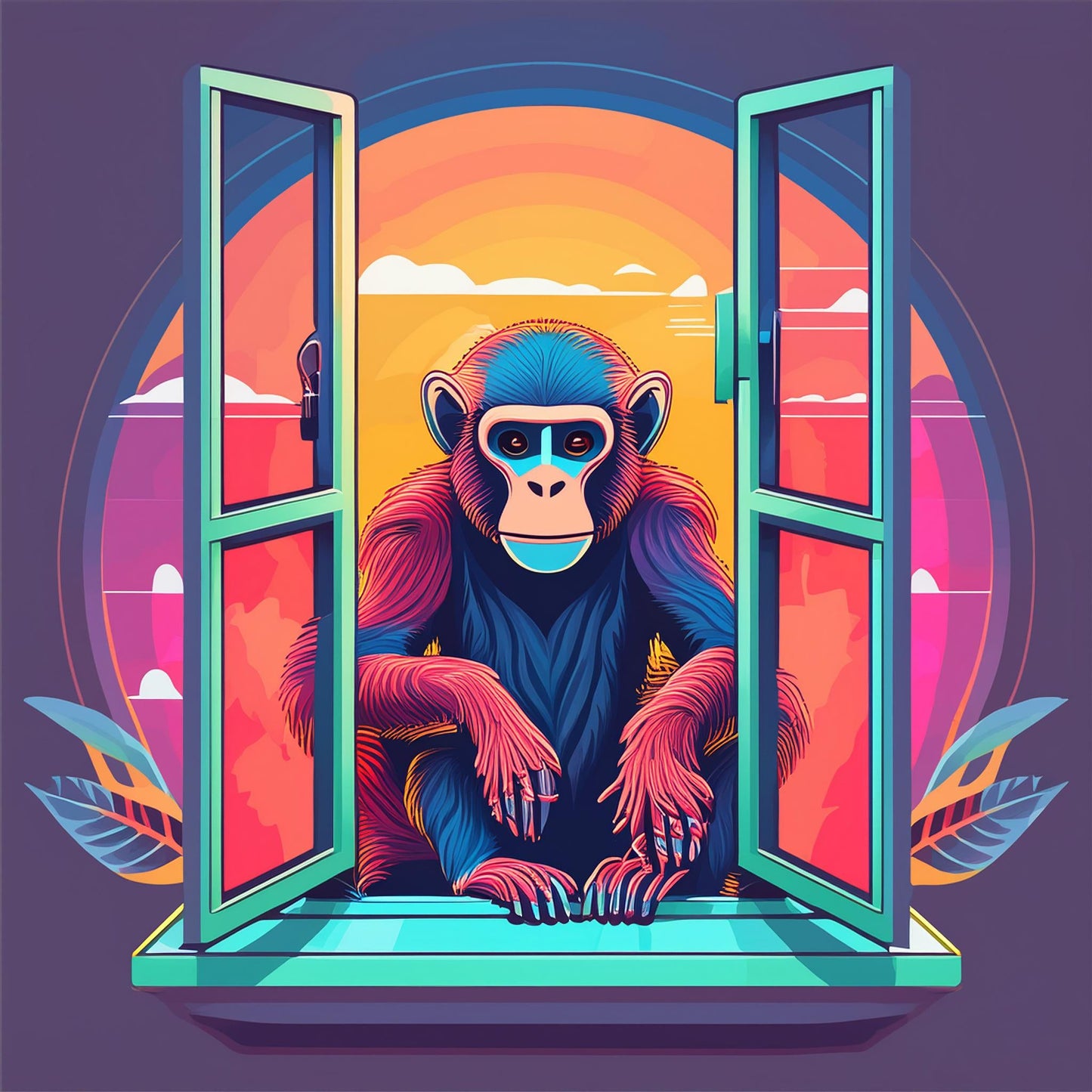 Robot Monkey Futuristic Is Sitting At The Glass Window Wall Mural | Home & Office Decor Wallpaper - Dhalfashionistt