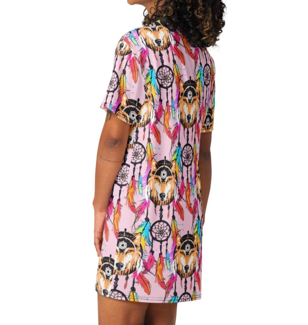 Stylish Sophisticated Fashion Feathers Wolf Dream Catcher T-shirt Dress | Oversized - Dhalfashionistt