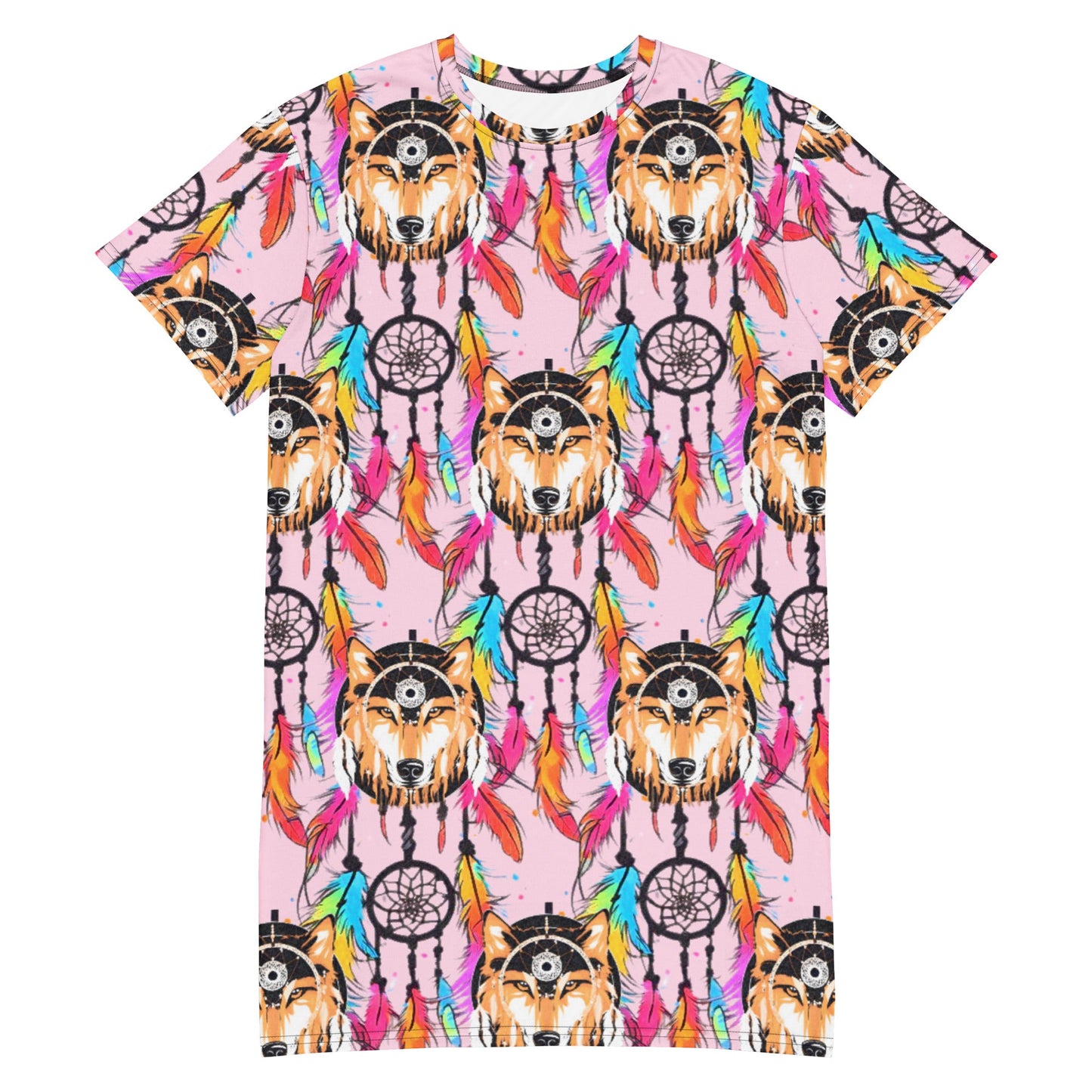 Stylish Sophisticated Fashion Feathers Wolf Dream Catcher T-shirt Dress | Oversized - Dhalfashionistt