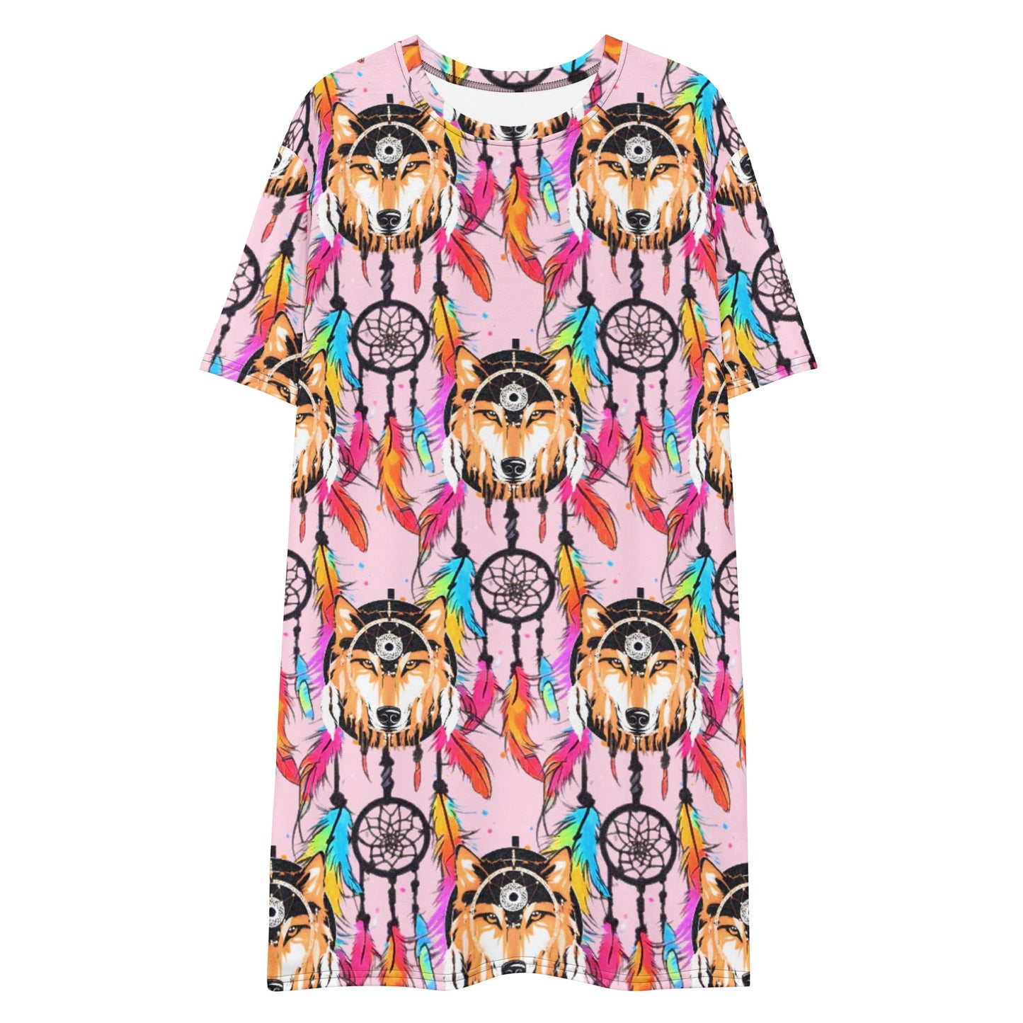 Stylish Sophisticated Fashion Feathers Wolf Dream Catcher T-shirt Dress | Oversized - Dhalfashionistt