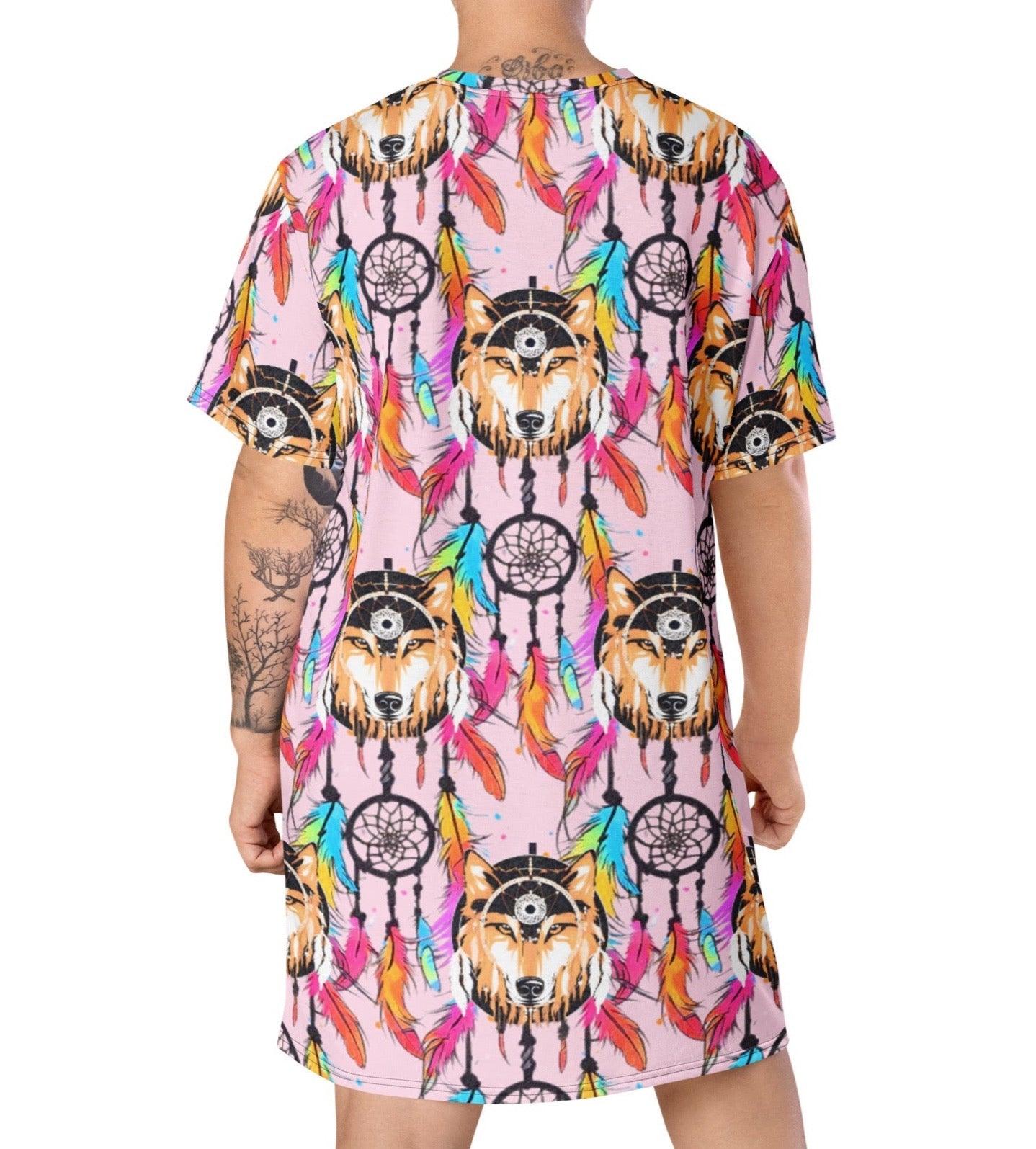 Stylish Sophisticated Fashion Feathers Wolf Dream Catcher T-shirt Dress | Oversized - Dhalfashionistt