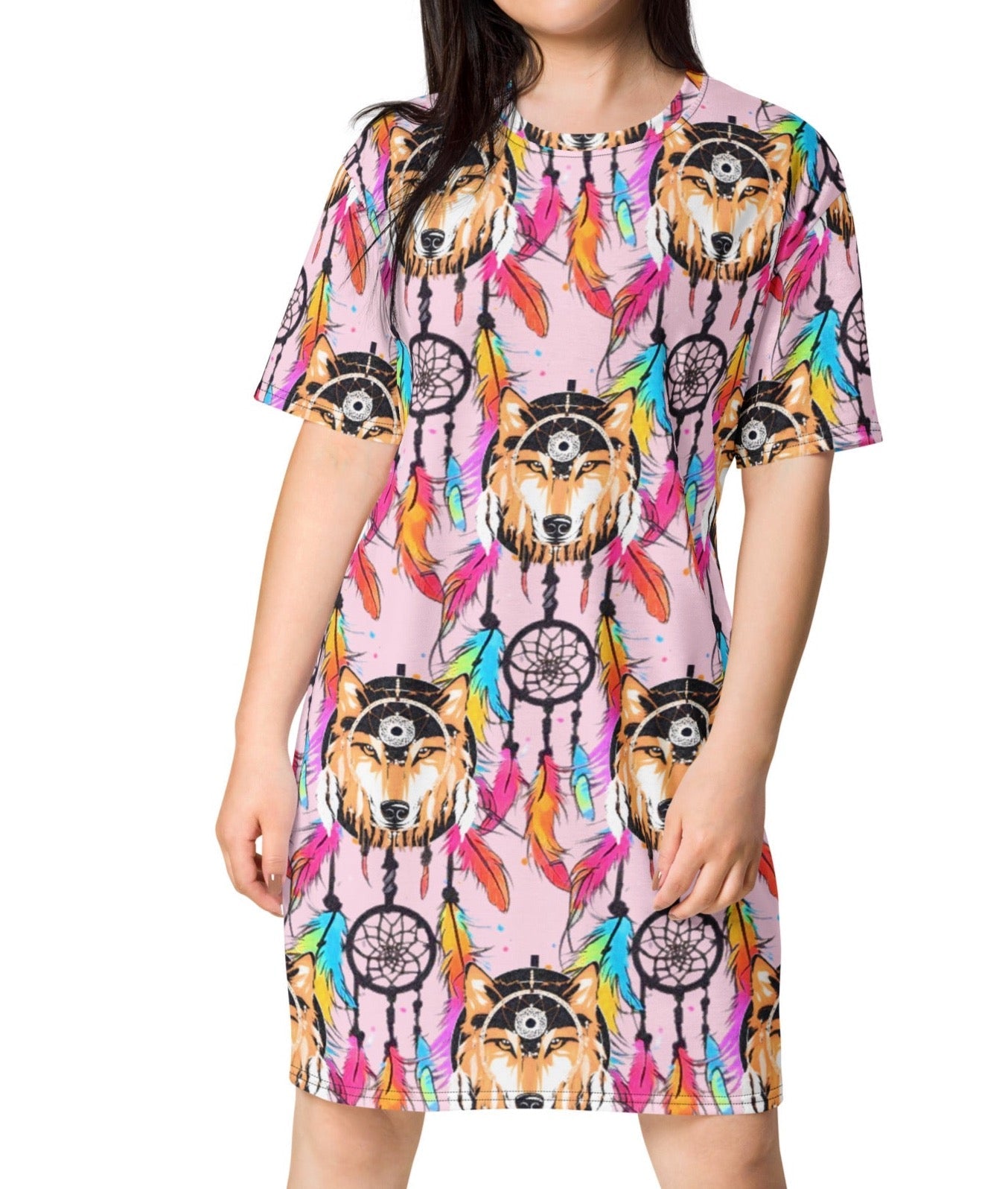 Stylish Sophisticated Fashion Feathers Wolf Dream Catcher T-shirt Dress | Oversized - Dhalfashionistt