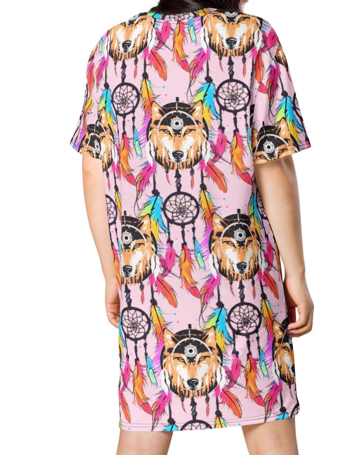 Stylish Sophisticated Fashion Feathers Wolf Dream Catcher T-shirt Dress | Oversized - Dhalfashionistt