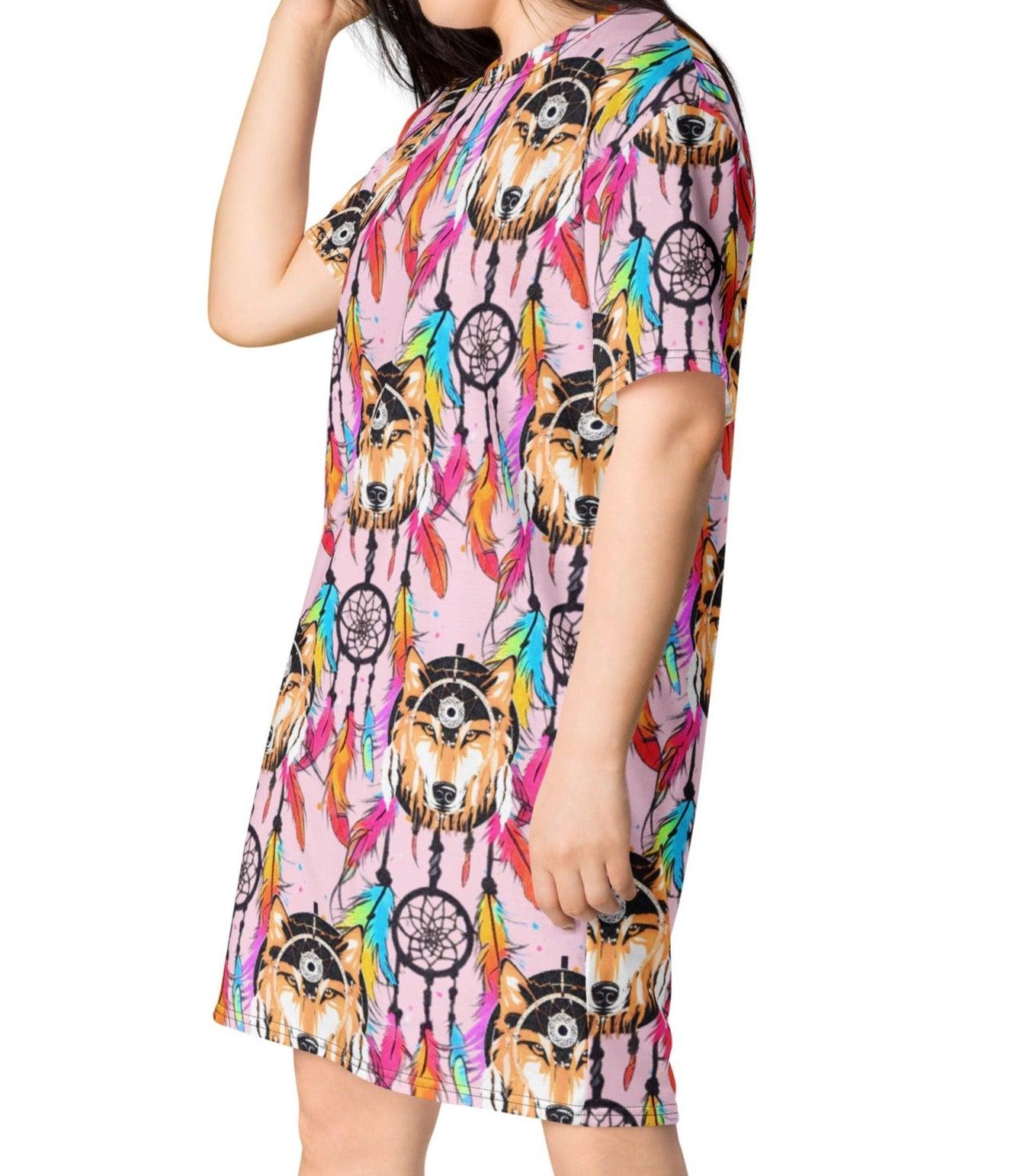 Stylish Sophisticated Fashion Feathers Wolf Dream Catcher T-shirt Dress | Oversized - Dhalfashionistt