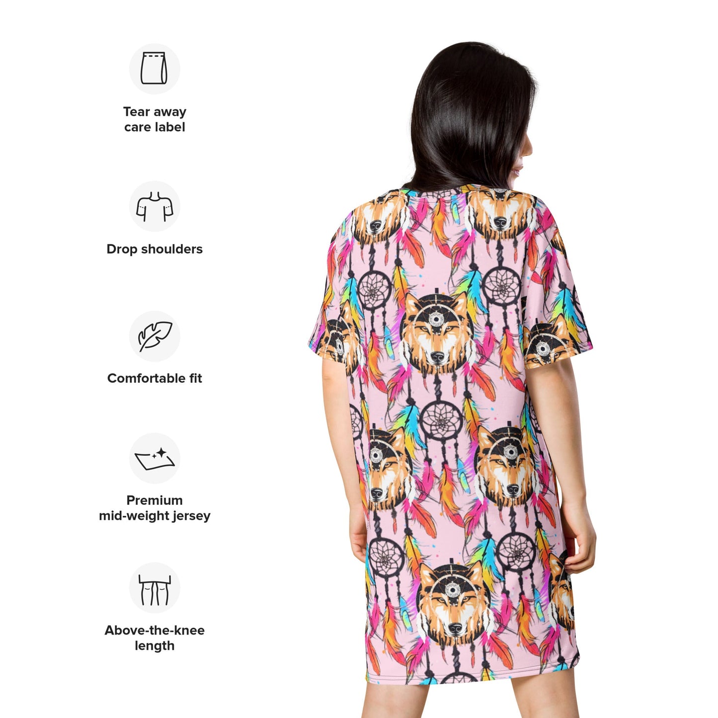 Stylish Sophisticated Fashion Feathers Wolf Dream Catcher T-shirt Dress | Oversized - Dhalfashionistt