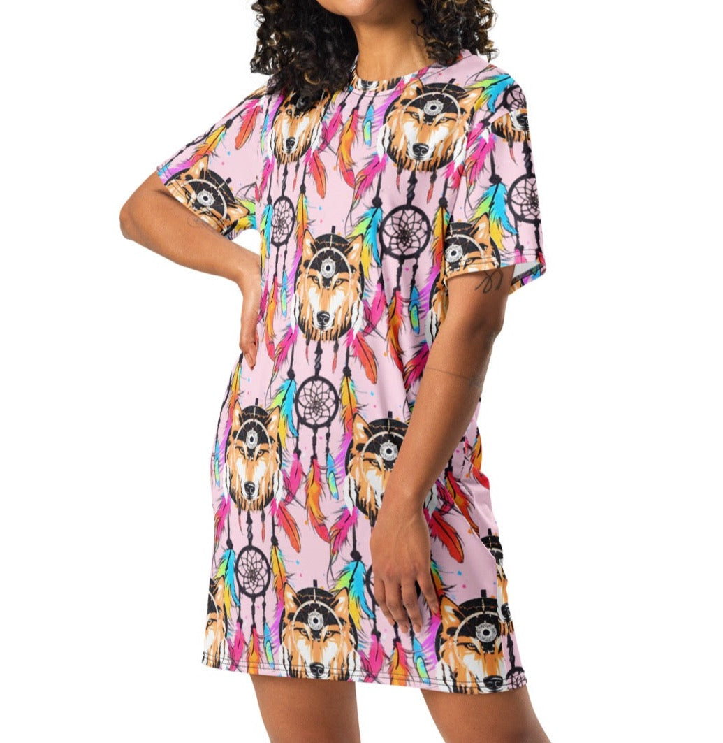 Stylish Sophisticated Fashion Feathers Wolf Dream Catcher T-shirt Dress | Oversized - Dhalfashionistt