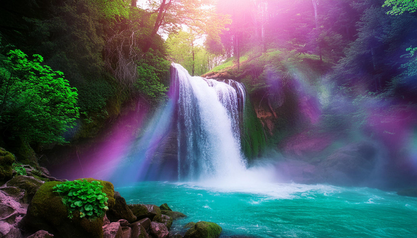 Sunlit Waterfall Amidst Vibrant Forest Wall Mural | Natural Artistic Decor Wallpaper - Dhalfashionistt