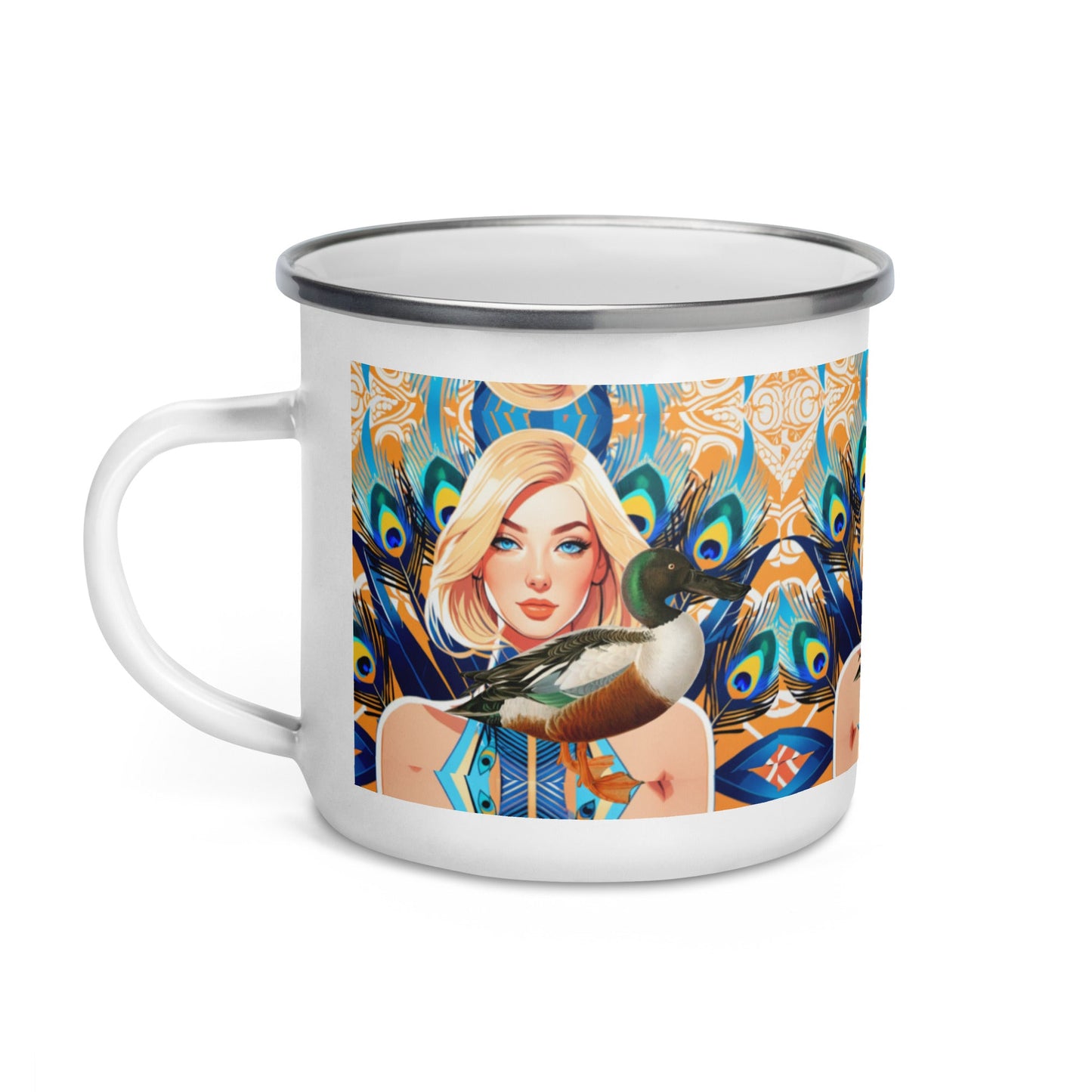 Unique Duck Camp Mug | Peacock Feathers | Alphonse Mucha-Inspired Design - Dhalfashionistt