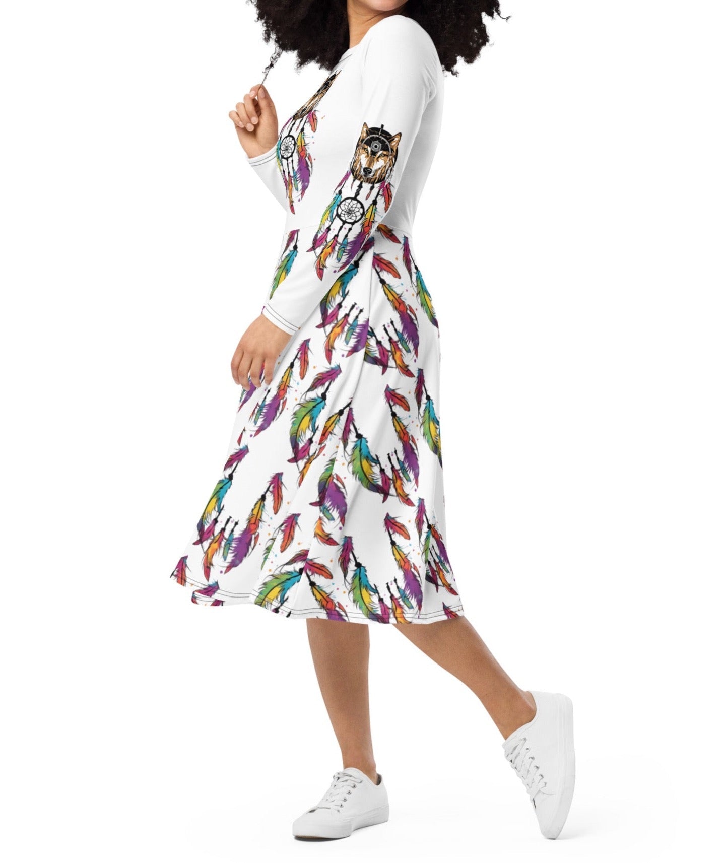 Vibrant Colorful Feathers Long sleeve Midi Dress | Fashion Feathers Wolf Dream Catcher - Dhalfashionistt