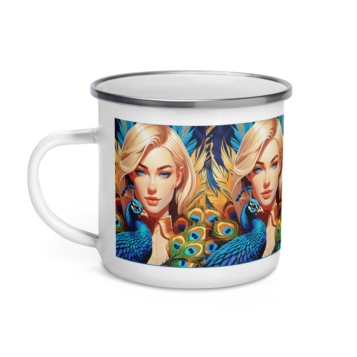 Vibrant Peacock Feather Camp Mug | Intricate Alphonse Mucha Inspiration | Novelty Gifts - Dhalfashionistt