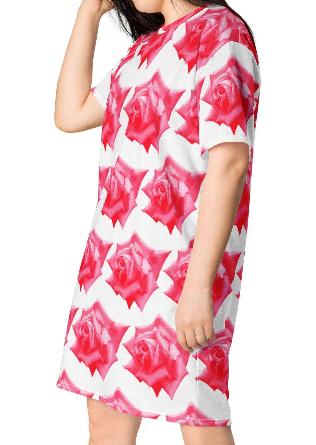 Vibrant Rose Garden: Roses T-shirt Dress| Floral Design| Gift for Her - Dhalfashionistt