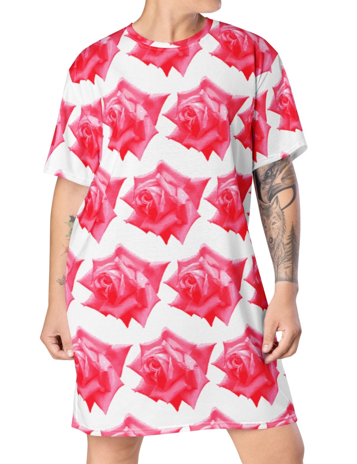Vibrant Rose Garden: Roses T-shirt Dress| Floral Design| Gift for Her - Dhalfashionistt