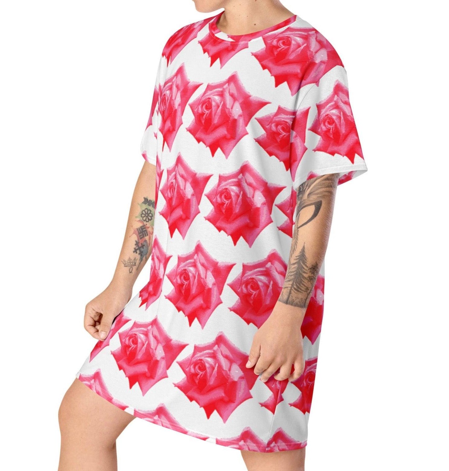 Vibrant Rose Garden: Roses T-shirt Dress| Floral Design| Gift for Her - Dhalfashionistt