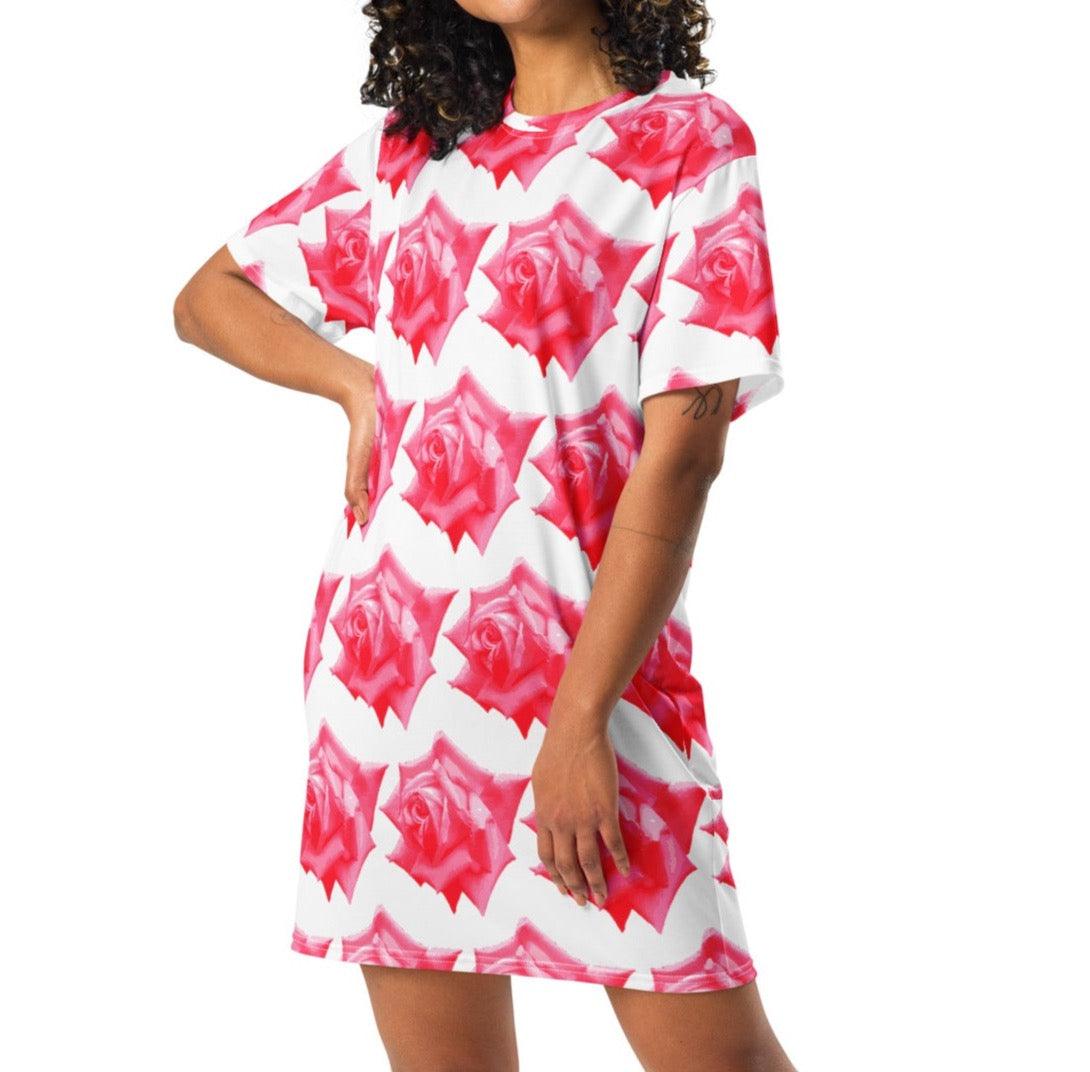 Vibrant Rose Garden: Roses T-shirt Dress| Floral Design| Gift for Her - Dhalfashionistt