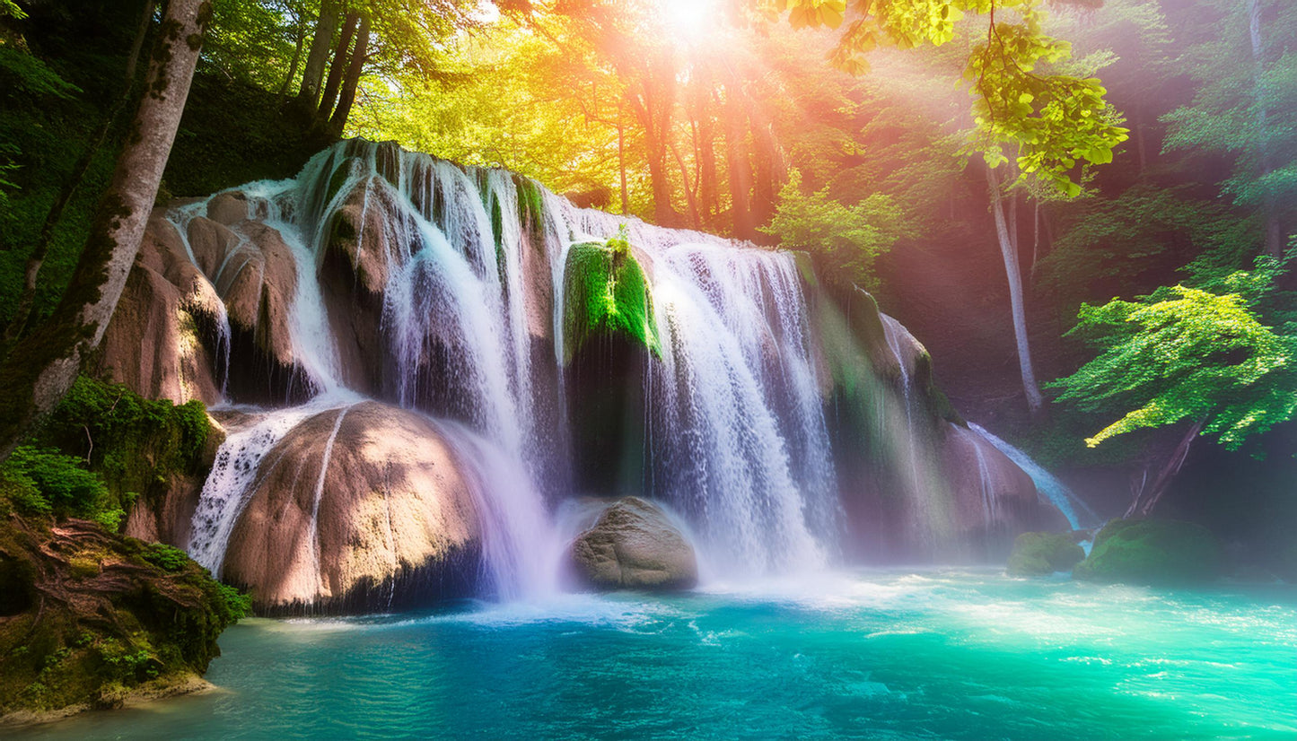 Vibrant Sunlit Waterfall Amidst Vibrant Forest Wall Mural | Contemporary Wallpaper - Dhalfashionistt