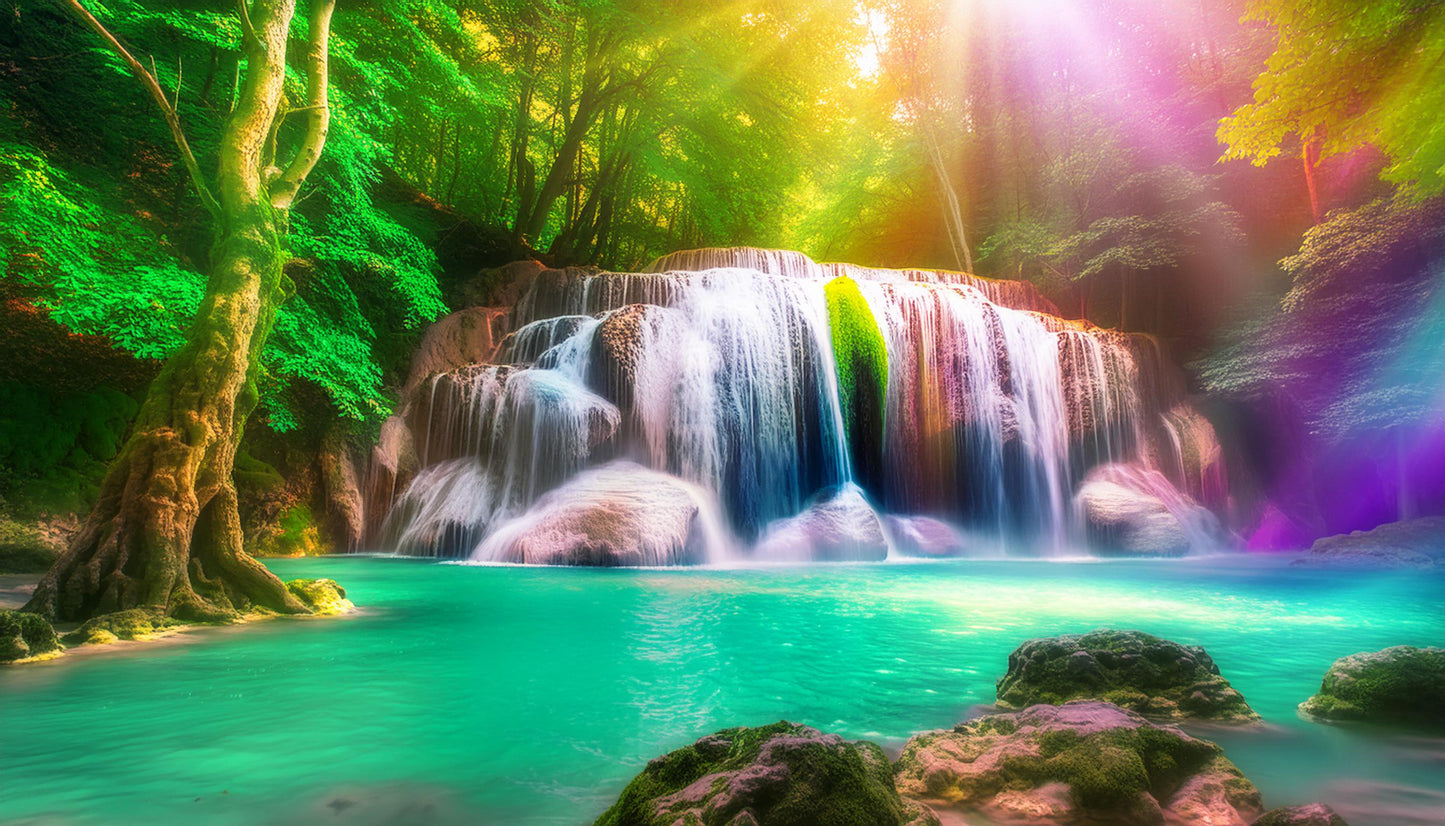 Vibrant Sunlit Waterfall Amidst Vibrant Forest Wall Mural | Contemporary Wallpaper - Dhalfashionistt