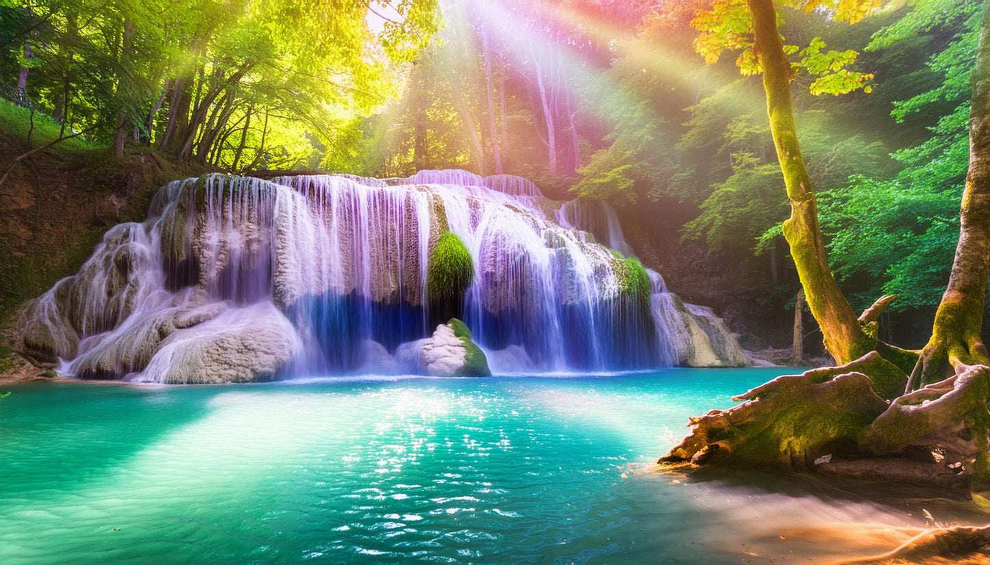 Vibrant Sunlit Waterfall Amidst Vibrant Forest Wall Mural | Contemporary Wallpaper - Dhalfashionistt