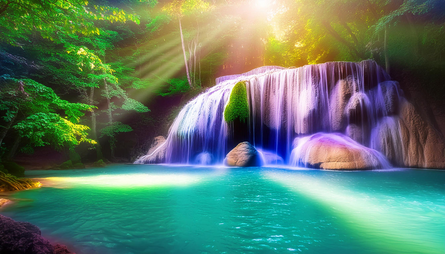 Vibrant Sunlit Waterfall Amidst Vibrant Forest Wall Mural | Contemporary Wallpaper - Dhalfashionistt