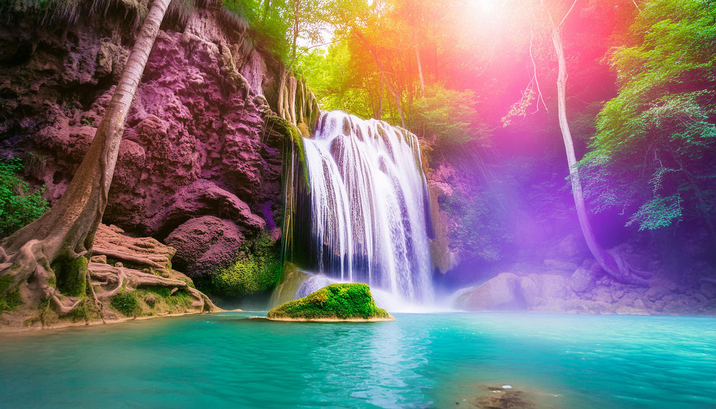 Vibrant Sunlit Waterfall Amidst Vibrant Forest Wall Mural | Contemporary Wallpaper - Dhalfashionistt
