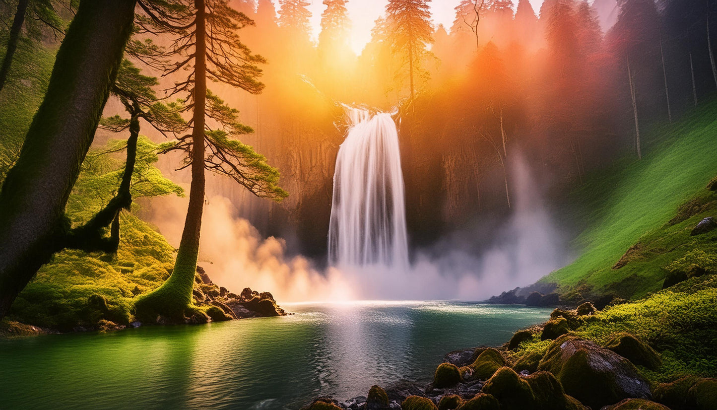 Vibrant Sunlit Waterfall Amidst Vibrant Forest Wall Mural | Contemporary Wallpaper - Dhalfashionistt