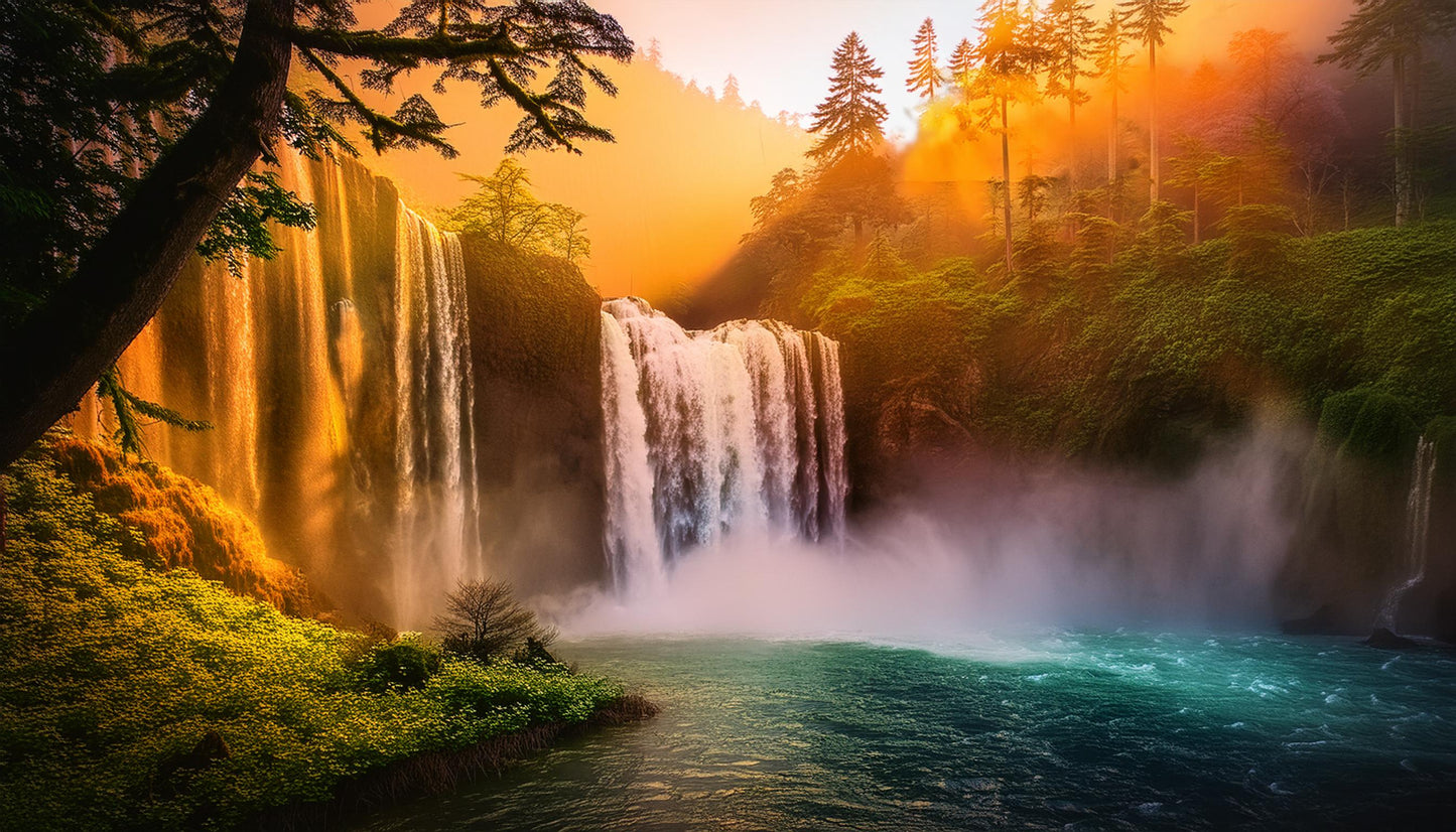 Vibrant Sunlit Waterfall Amidst Vibrant Forest Wall Mural | Contemporary Wallpaper - Dhalfashionistt