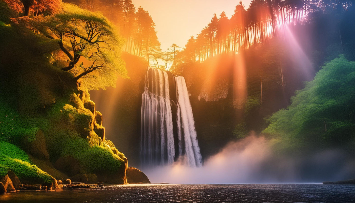 Vibrant Sunlit Waterfall Amidst Vibrant Forest Wall Mural | Contemporary Wallpaper - Dhalfashionistt