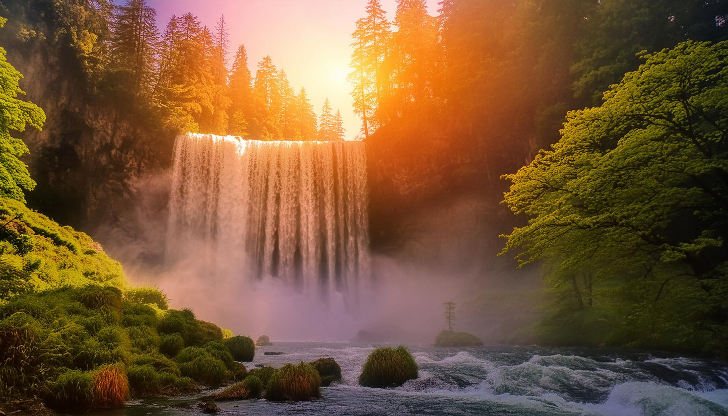 Vibrant Sunlit Waterfall Amidst Vibrant Forest Wall Mural | Contemporary Wallpaper - Dhalfashionistt