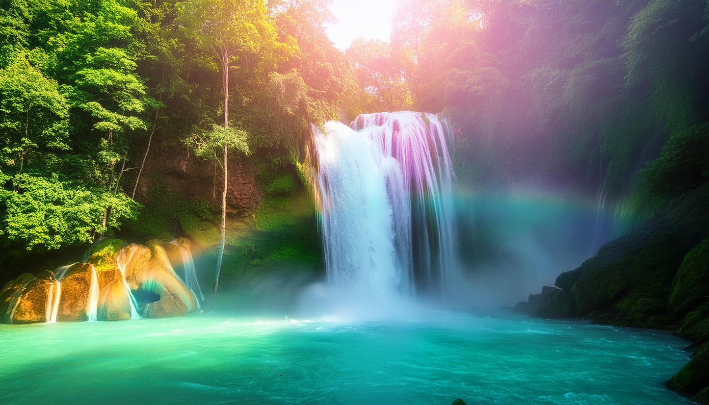 Vibrant Sunlit Waterfall Amidst Vibrant Forest Wall Mural | Contemporary Wallpaper - Dhalfashionistt