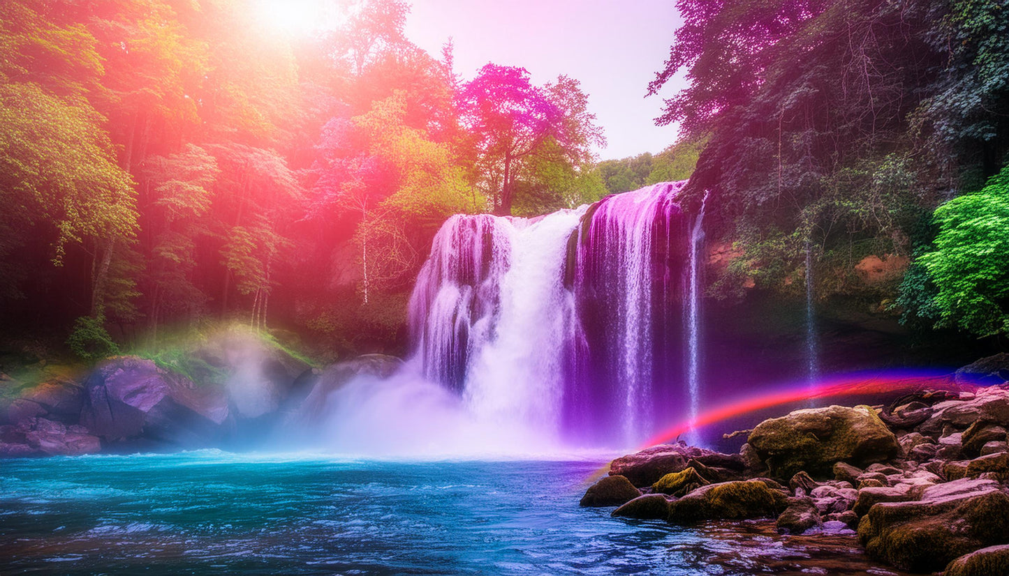 Vibrant Sunlit Waterfall Amidst Vibrant Forest Wall Mural | Contemporary Wallpaper - Dhalfashionistt