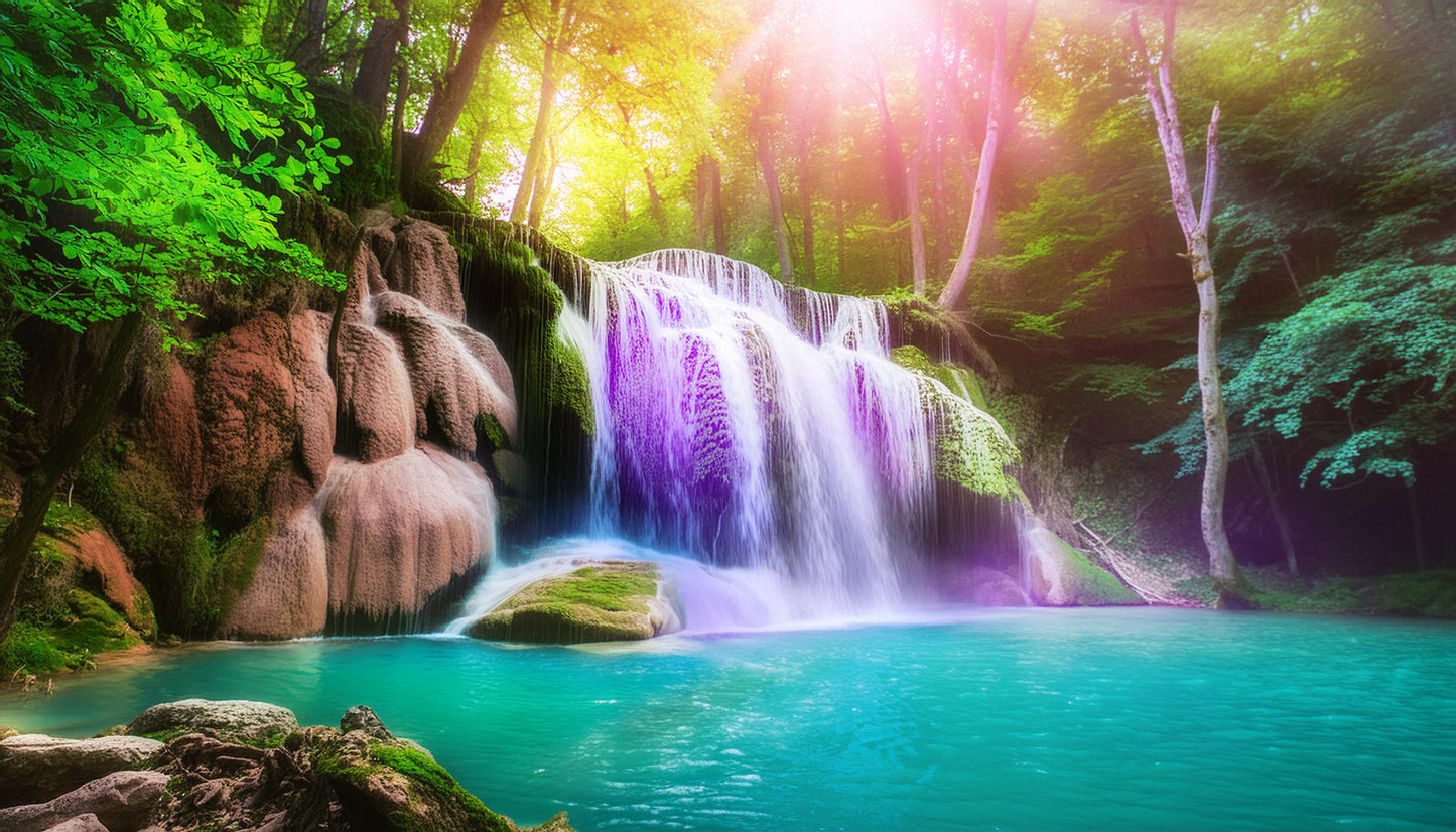 Vibrant Sunlit Waterfall Amidst Vibrant Forest Wall Mural | Contemporary Wallpaper - Dhalfashionistt