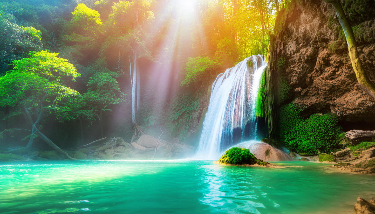 Vibrant Sunlit Waterfall Amidst Vibrant Forest Wall Mural | Contemporary Wallpaper - Dhalfashionistt