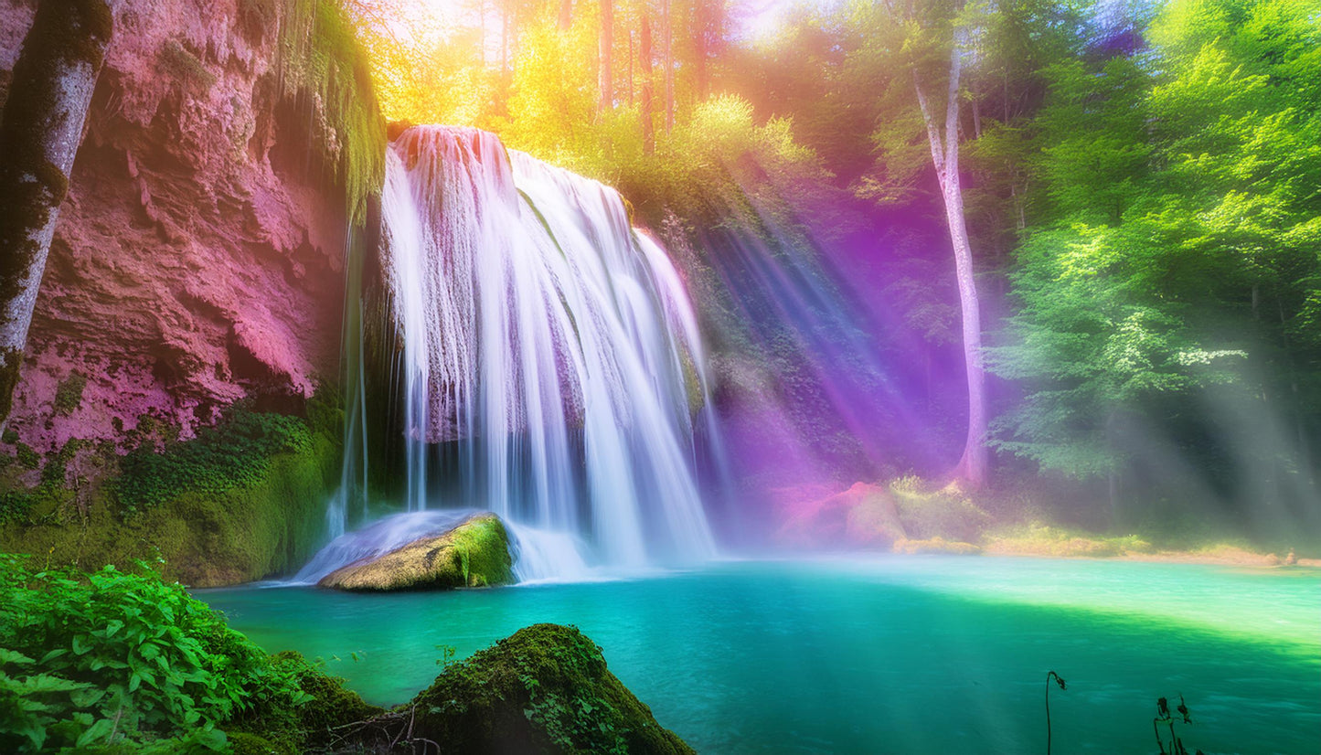Vibrant Sunlit Waterfall Amidst Vibrant Forest Wall Mural | Contemporary Wallpaper - Dhalfashionistt