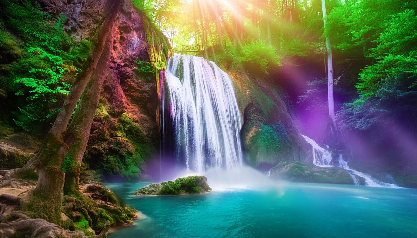 Vibrant Sunlit Waterfall Amidst Vibrant Forest Wall Mural | Contemporary Wallpaper - Dhalfashionistt