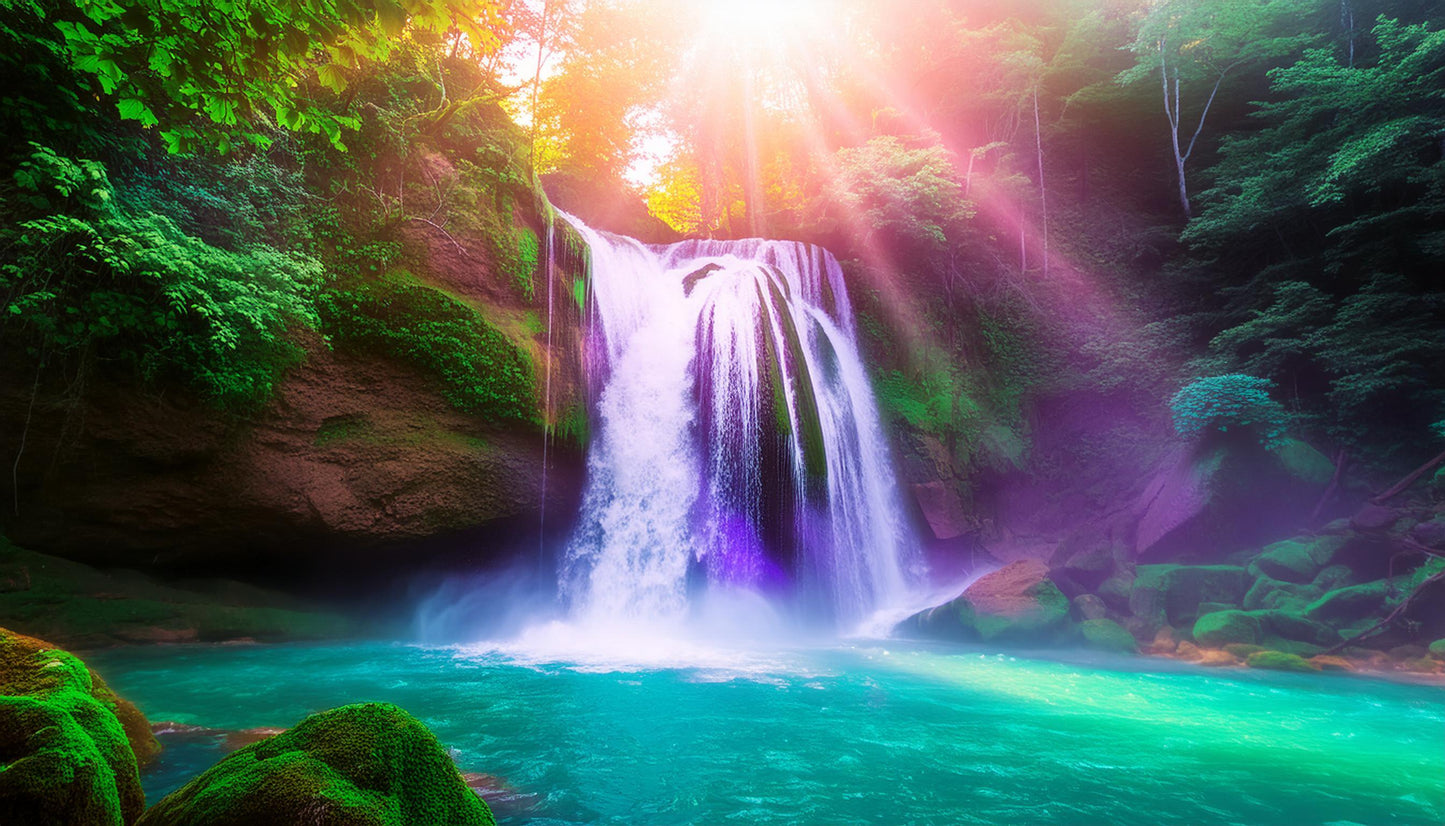 Vibrant Sunlit Waterfall Amidst Vibrant Forest Wall Mural | Contemporary Wallpaper - Dhalfashionistt