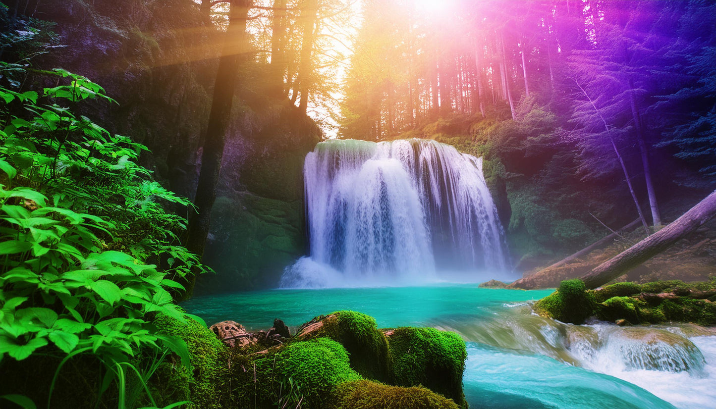 Vibrant Sunlit Waterfall Amidst Vibrant Forest Wall Mural | Contemporary Wallpaper - Dhalfashionistt