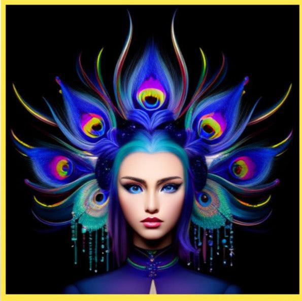 Woman Wearing A Vibrant Peacock Feathers Elegant | Modern Home Decor - Poster - Canvas Art Prints - Dhalfashionistt