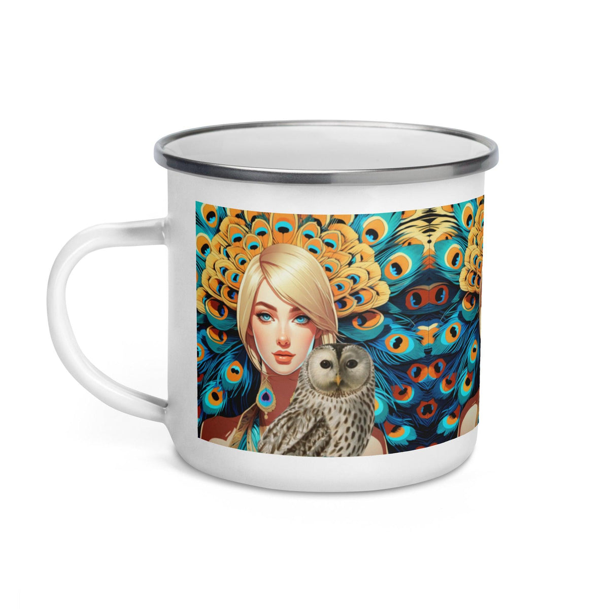 Wonderful Owl Camp Mug | Alphonse Mucha Inspiration | Vibrant Peacock Feathers - Dhalfashionistt