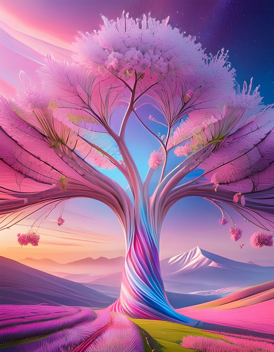 3D Cherry Blossom Tree Futuristic Chromatic Waves Wall Mural | Artistic Decor Wallpaper - Dhalfashionistt