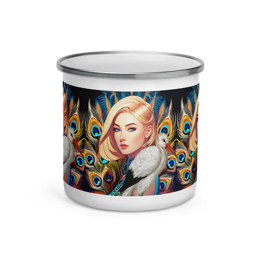 Amazing White Stork Camp Mug | Vibrant Peacock Feather | Alphonse Mucha Design | Home & Office - Dhalfashionistt