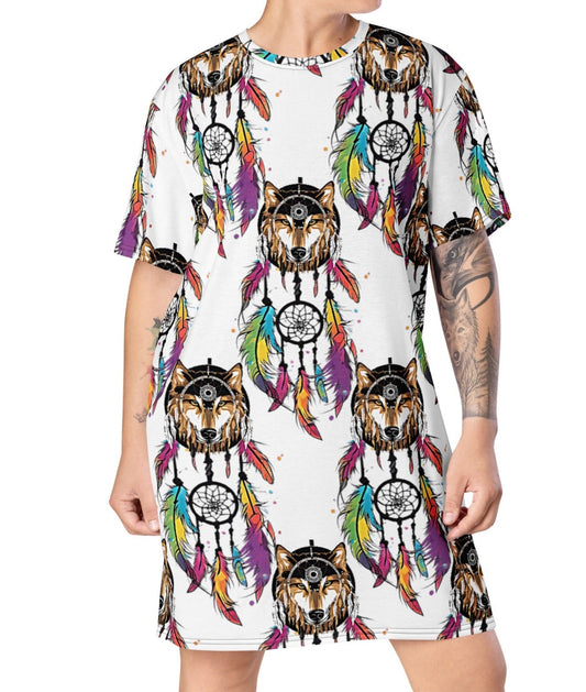 Amazing Wolf Dream Catcher T-shirt Dress|Fashion Feathers | Comfortable Oversize Fit - Dhalfashionistt